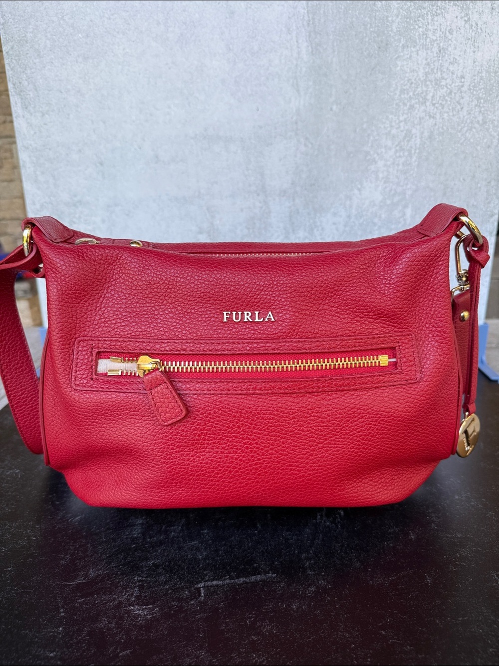 Furla Red Pebbled Leather Crossbody with Gold Hardware